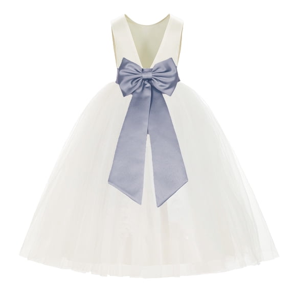 Ekidsbridal Ivory V-Back Satin Flower Girl Dresses with Pretty Colored Sash for Toddlers Formal Photoshoot Birthday Party Gown 219T 2