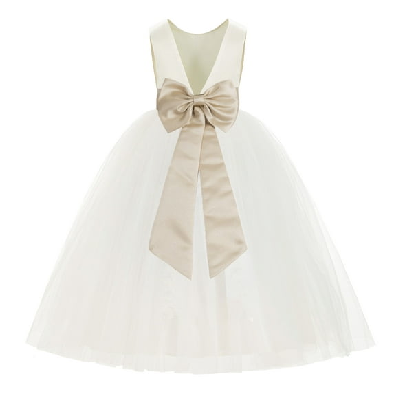 Ekidsbridal Ivory V-Back Satin Flower Girl Dresses with Pretty Colored Sash for Toddlers Formal Photoshoot Birthday Party Gown 219T 2