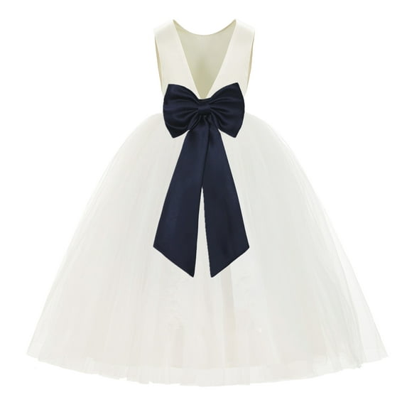 Ekidsbridal Ivory V-Back Satin Flower Girl Dresses with Pretty Colored Sash for Toddlers Formal Photoshoot Birthday Party Gown 219T M