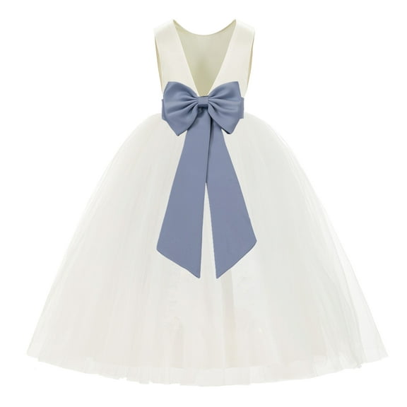 Ekidsbridal Ivory V-Back Satin Flower Girl Dresses with Pretty Colored Sash for Toddlers Formal Photoshoot Birthday Party Gown 219T M