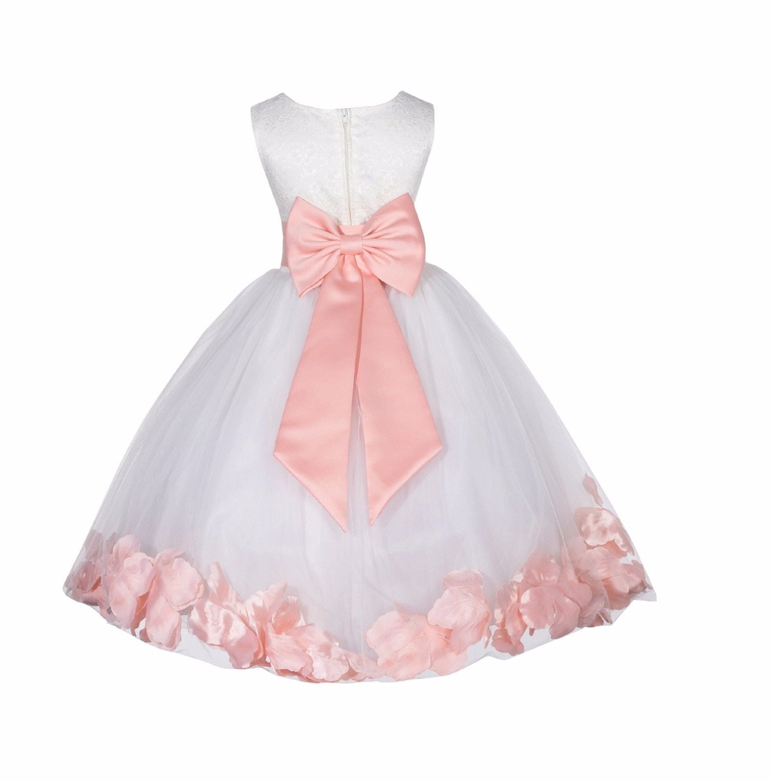 Girl's Satin Bodice Communion Dress With Tulle Skirt & Floating Petals – Ivory/Burgundy, Size 4