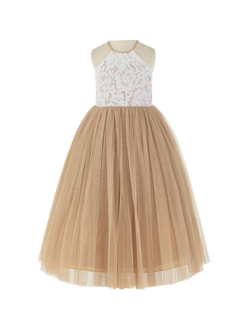 Ekidsbridal Lace Halter Back Flower Girl Dress for Graduation Ceremonial Gown Father Daughter Dance 213 4, Girl's, Gold