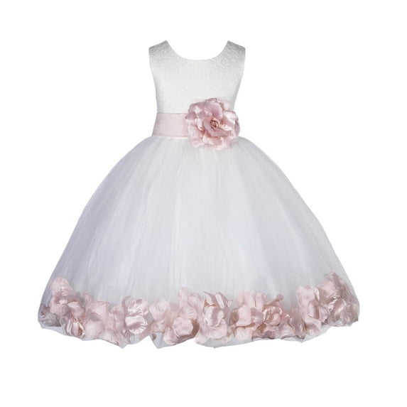 Ekidsbridal Lace Top Floral Petals Ivory Flower Girl Dress Tulle Weddings Pageant Baptism Princess Birthday 165T M