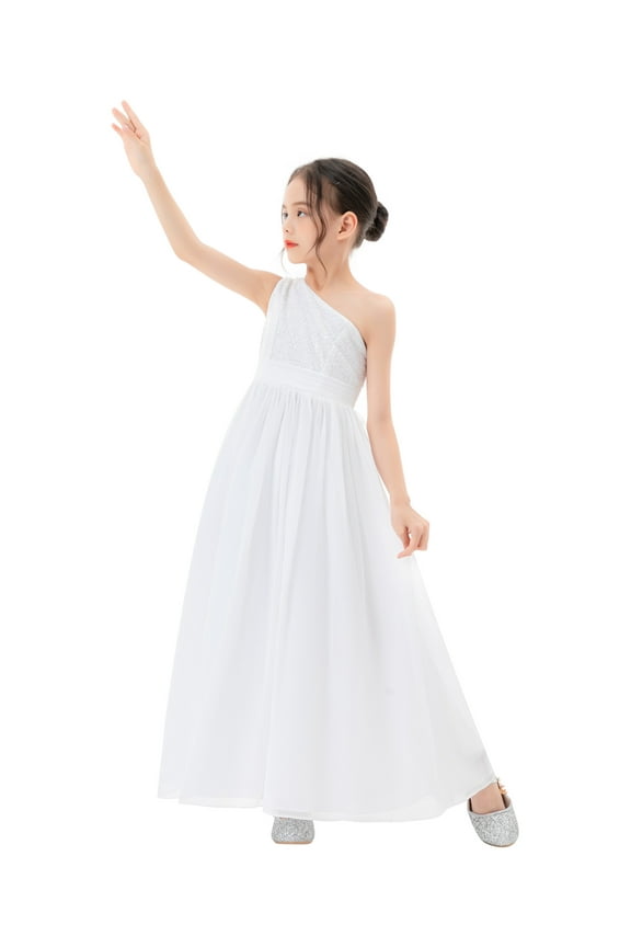 One Shoulder Sequins Chiffon Father Daughter Dance Junior Pageant Gown Flower Girl Dresses 328 12