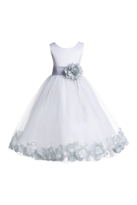 Satin Floral Petals Rose Tulle White Flower Girl Dress Formal Evening Gown Pretty Princess Wedding Photoshoot Ballroom 007 S