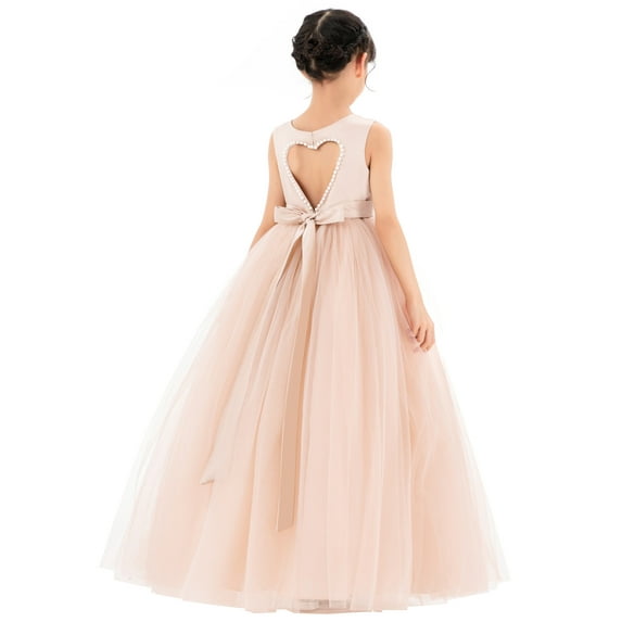 Ekidsbridal Satin Heart Cutout Flower Girl Dress with Pearl Beaded Trim for Communion Baptism Birthday Party Gown P250 10