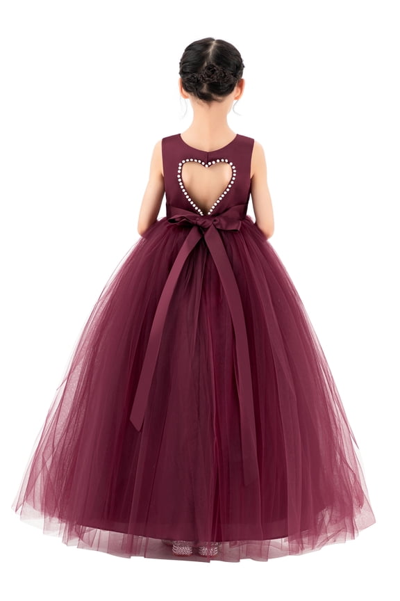 Satin Heart Cutout Flower Girl Dress with Pearl Beaded Trim for Communion Baptism Birthday Party Gown P250 2
