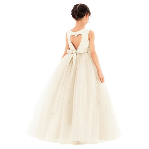 Ekidsbridal Satin Heart Cutout Flower Girl Dress with Pearl Beaded Trim for Communion Baptism Birthday Party Gown P250 4