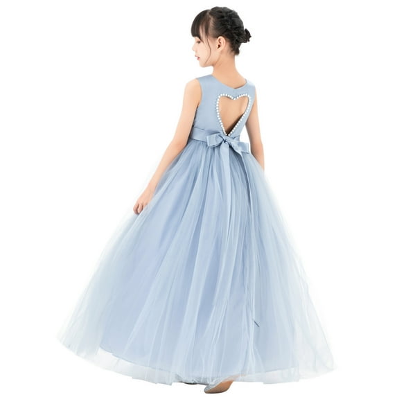 Ekidsbridal Satin Heart Cutout Flower Girl Dress with Pearl Beaded Trim for Communion Baptism Birthday Party Gown P250 4