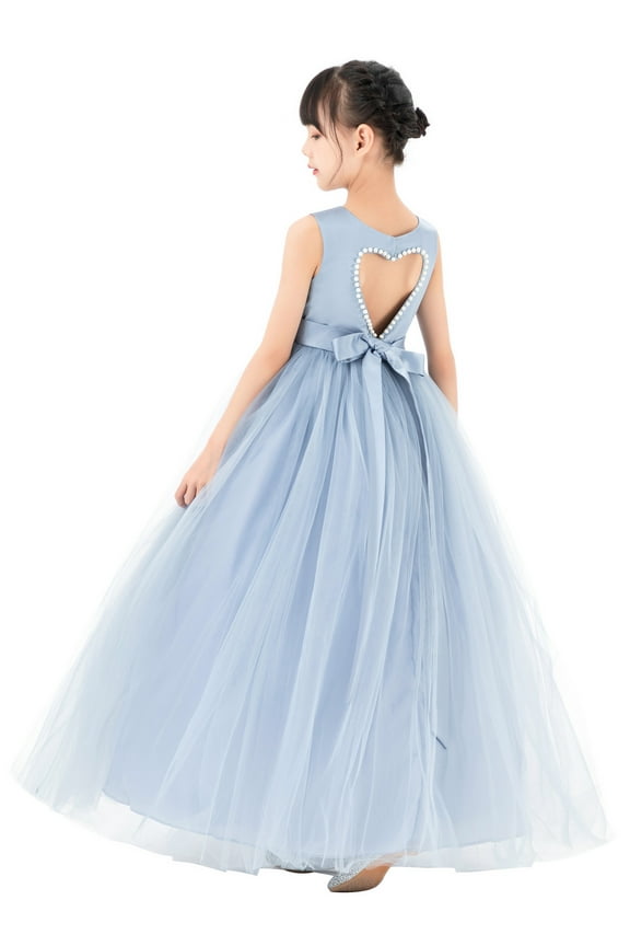 Satin Heart Cutout Flower Girl Dress with Pearl Beaded Trim for Communion Baptism Birthday Party Gown P250 4