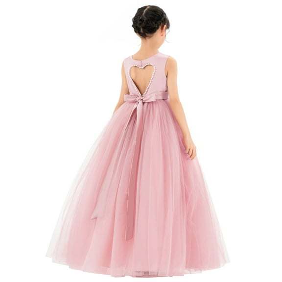 Ekidsbridal Satin Heart Cutout Flower Girl Dress with Pearl Beaded Trim for Junior Bridesmaid Dancing Fashion P250 10