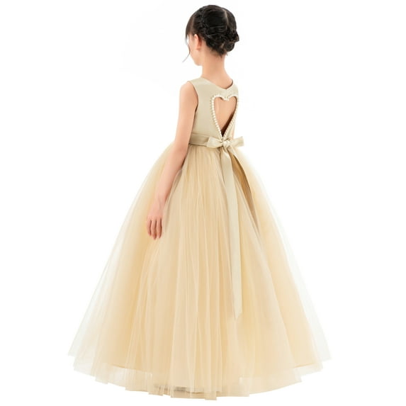 Ekidsbridal Satin Heart Cutout Flower Girl Dress with Pearl Beaded Trim for Junior Bridesmaid Dancing Fashion P250 10