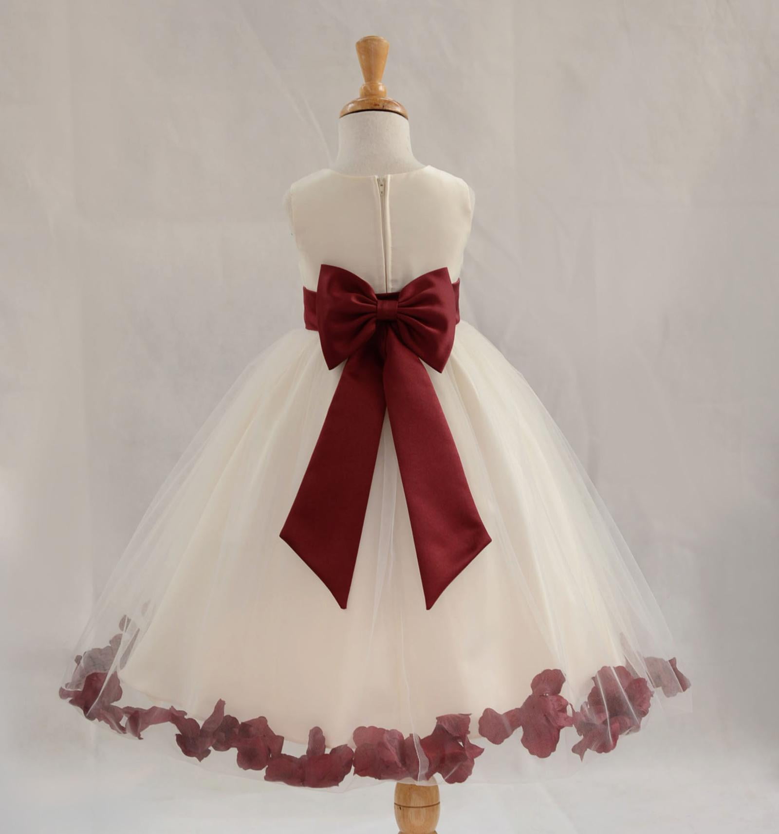 Ekidsbridal Satin Ivory Burgundy Tulle Rose Petal Flower Girl Dress Christmas Party Bridesmaid Holiday Wedding Pageant Birthday 302t 4, Girl's, Red