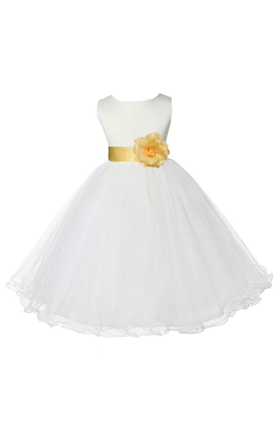 Satin Ivory Canary Tulle Rattail Edge Flower Girl Dresses for Communion Baptism Christening Gown Wedding Pageant 829S S
