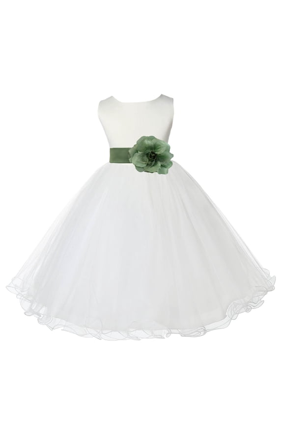 Satin Ivory Clover Green Tulle Rattail Edge Flower Girl Dresses for Communion Baptism Christening Gown Wedding Pageant 829S 4