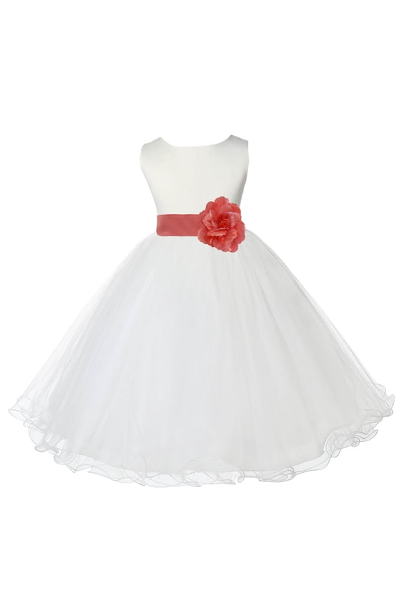 Satin Ivory Coral Tulle Rattail Edge Flower Girl Dresses for Communion Baptism Christening Gown Wedding Pageant 829S 2