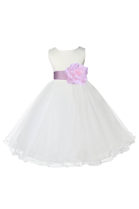 Satin Ivory Pink Tulle Rattail Edge Flower Girl Dresses for Communion Baptism Christening Gown Wedding Pageant 829S 2