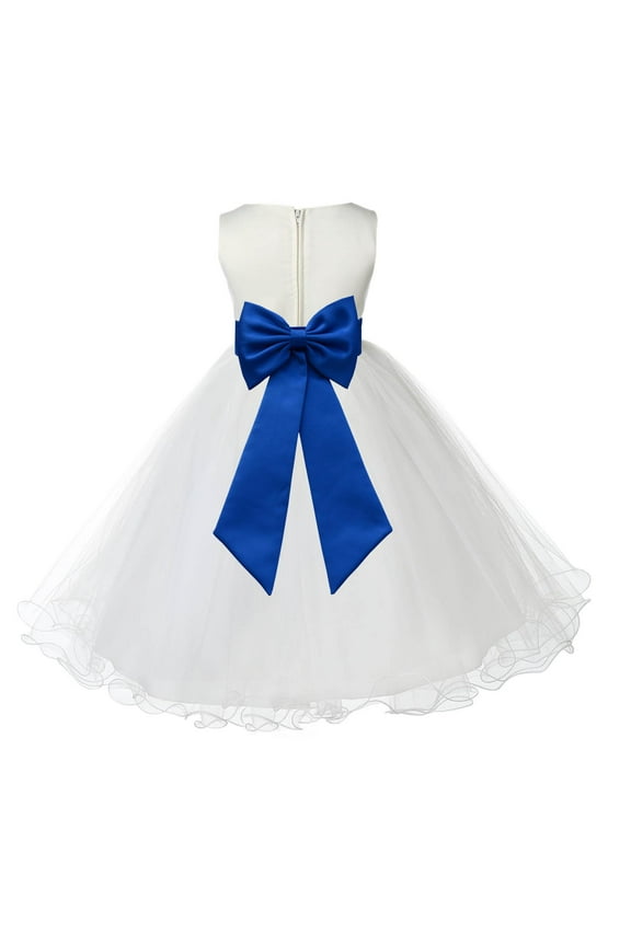 Satin Ivory Royal Blue Tulle Rattail Edge Christmas Junior Bridesmaid Recital Easter Holiday Wedding Pageant Communion Princess Birthday Girl Clothing Baptism 829T size 4 Flower Girl Dress