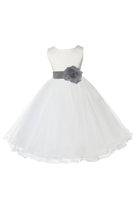 Satin Ivory Silver Tulle Rattail Edge Flower Girl Dresses for Communion Baptism Christening Gown Wedding Pageant 829S 12