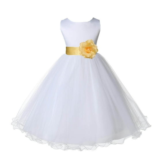 Ekidsbridal Satin White Canary Tulle Rattail Flower Girl Dress Junior Bridesmaid Dance Recital Wedding Beauty Pageant Princess 829S 2