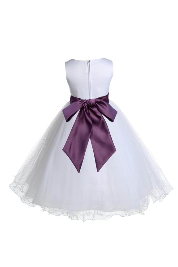 Satin White Plum Tulle Rattail Flower Girl Dress Junior Bridesmaid Dance Recital Wedding Beauty Pageant Princess 829S 2