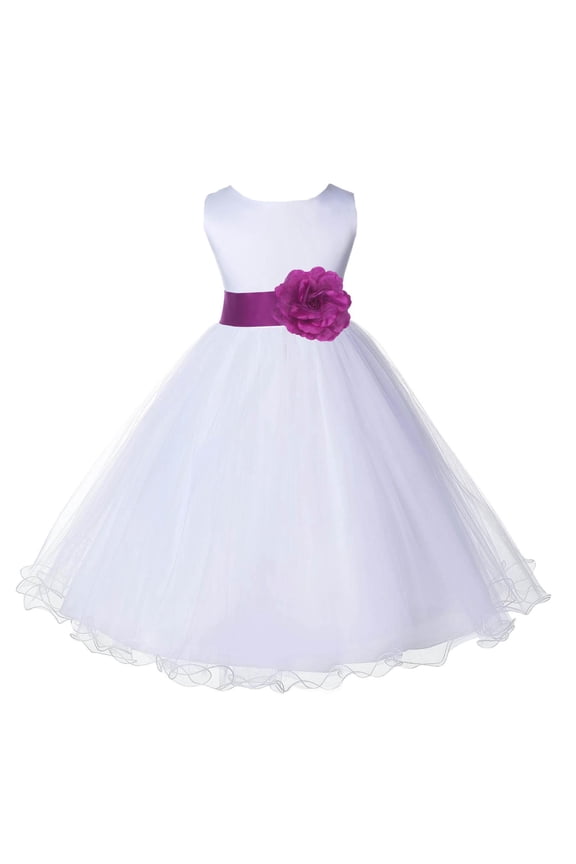 Satin White Raspberry Tulle Rattail Flower Girl Dress Junior Bridesmaid Dance Recital Wedding Beauty Pageant Princess 829S S