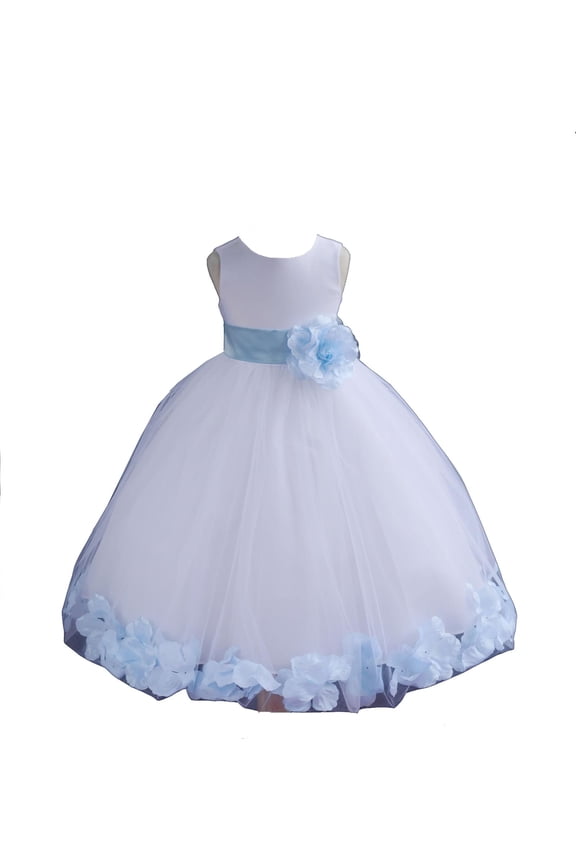 Satin White Sky Tulle Petal Christmas JuniorBridesmaid Recital Easter Holiday Wedding Pageant Communion Princess Birthday Girl Clothing Baptism 302S size 8 Flower Girl Dress