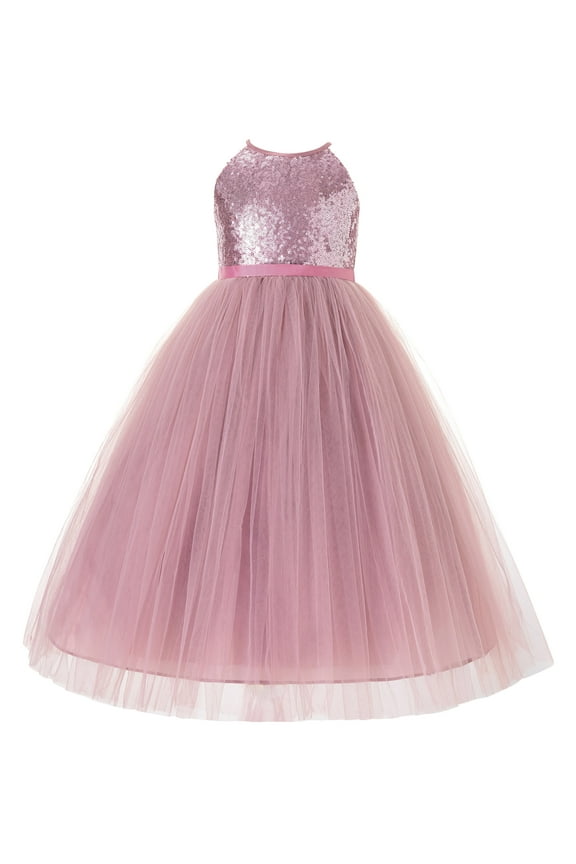 Sequin Halter Flower Girl Dress Wedding Pageant Junior Bridesmaid Princess Gown 202 6