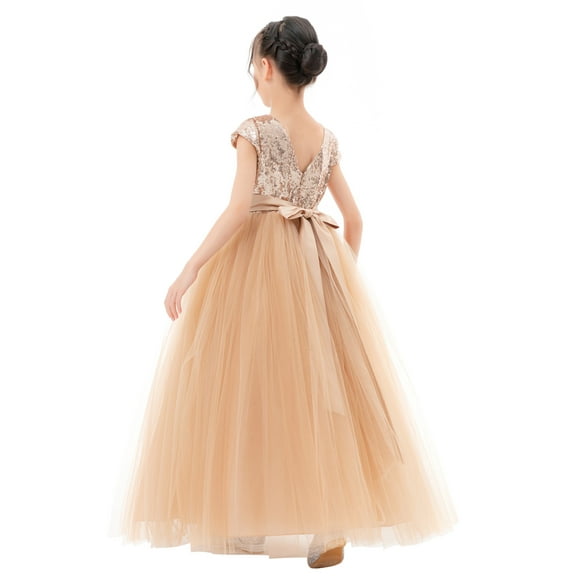 Ekidsbridal Sequins V-Back Cap Sleeve Flower Girl Dress for Photoshoots Junior Bridesmaid Ceremonial Gown 323 4