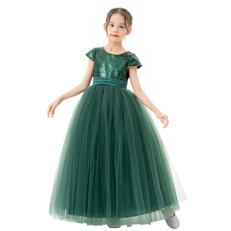 Green Flower Girl Dress, Princess Dress, For Performance, Wedding, Asymmetrical Sleeves, With Flower store Appliques, Zipper Up, V-Neckline