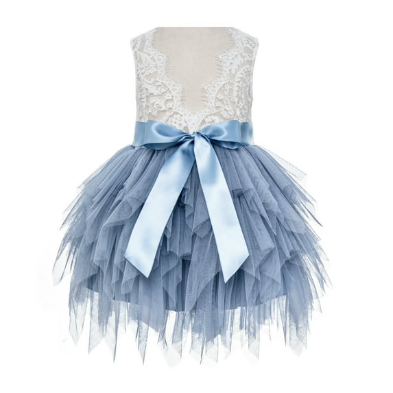 Ekidsbridal Girl Flower Girl Dress - Backless Lace Tiered Tulle Knee Length LG6-A (Size: S-8)