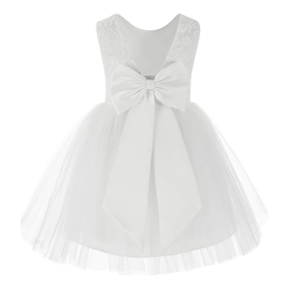 Ekidsbridal Girl Baptism Flower Girl Dress - Knee Length White Lace V-Back Dress with Tiebow 206T-A (Size: S-10)