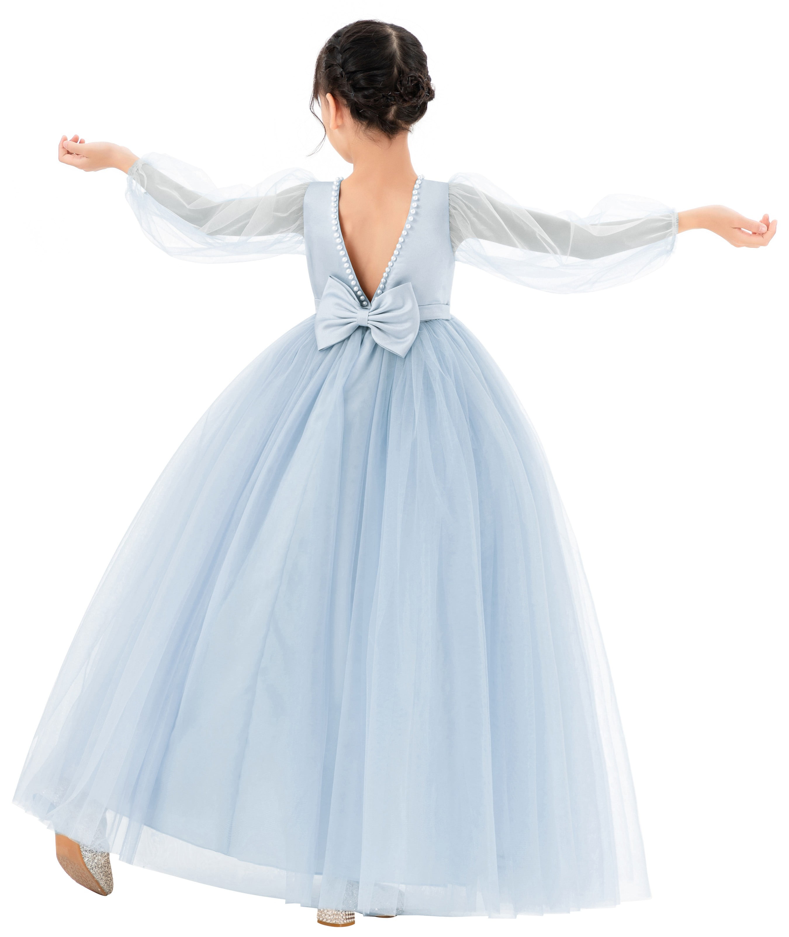 Flower Girl Dress with Back Bow and V Back for Weddings Formal Ceremonies and Special Occasions
