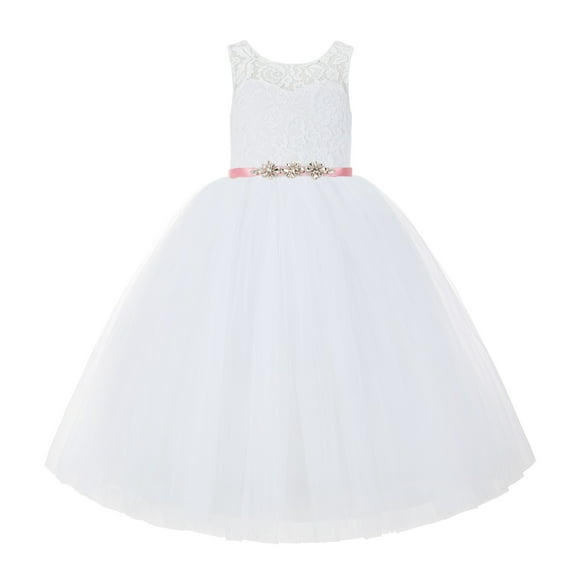 Ekidsbridal V-Back White Lace Tutu Tulle Flower Girl Dress Graduation Communion Baptism Ceremonial Gown 212R4
