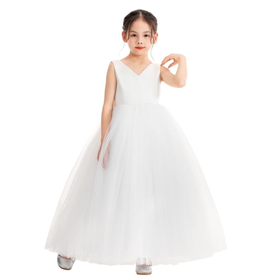 Ekidsbridal V-Neck Satin Flower Girl Dress Pretty Princess Ballroom Dance Christening Pageant Gown 522 10