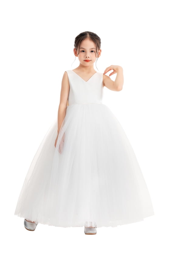 V-Neck Satin Flower Girl Dress Pretty Princess Ballroom Dance Christening Pageant Gown 522 2