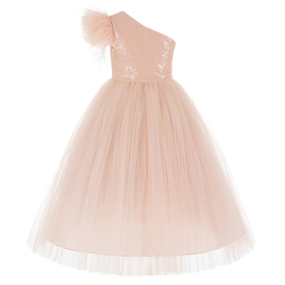 Ekidsbridal Girl Pageant Flower Girl Dress - One-Shoulder Sequins with Ostrich Feather OS2-A (Size: 2-10)