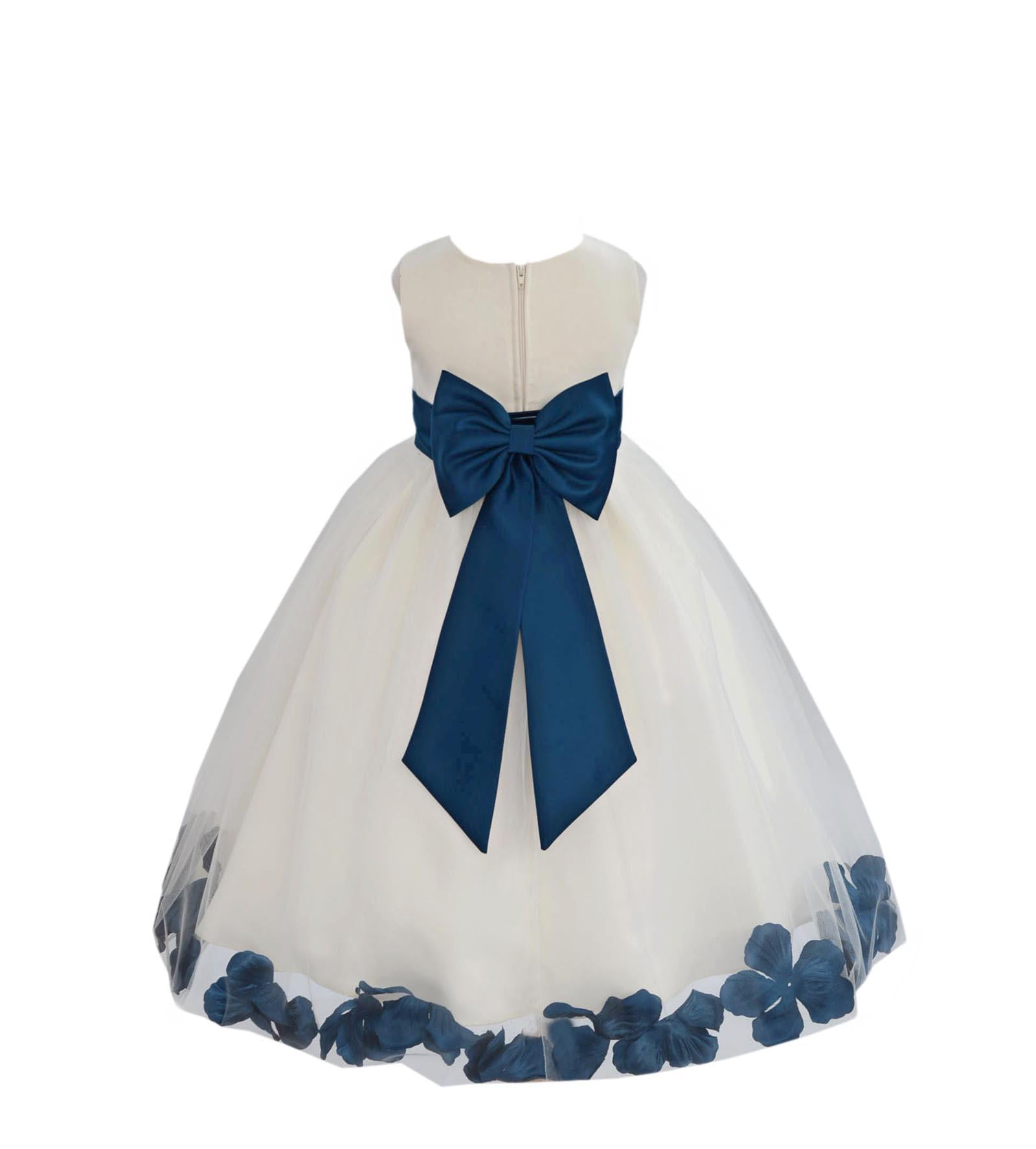 Satin Bodice Communion Flower Girl Dress With Floating Petals - Ivory/Chocolate Tea-Length Pageant Dress