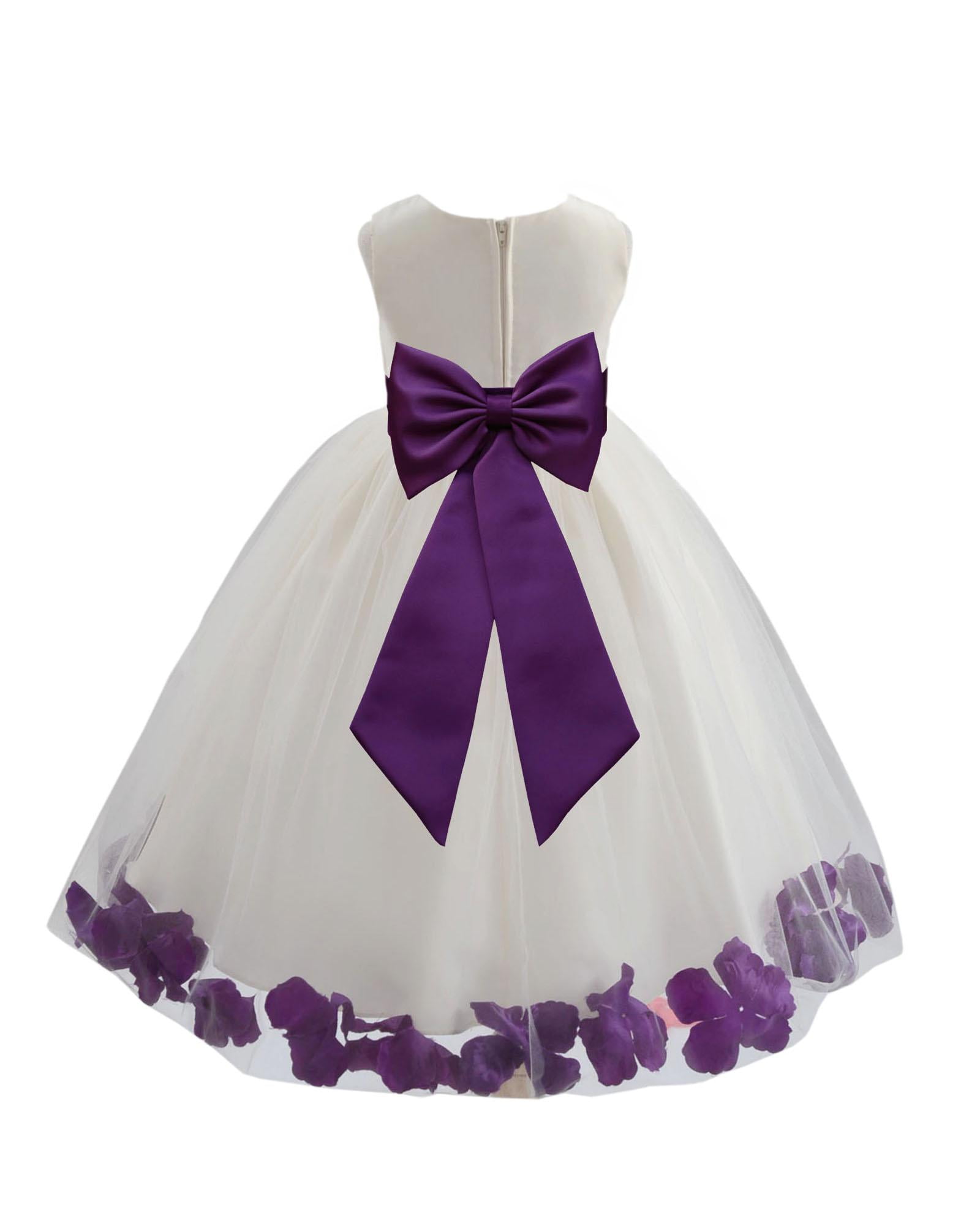 Satin Bodice Flower Girl Dress – Tea-Length With Petal Skirt, Ivory/Chocolate