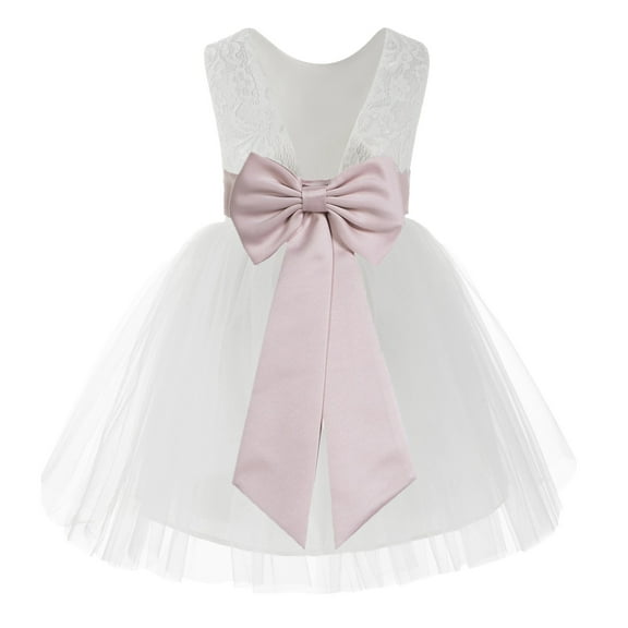 Ekidsbridal Girl Baptism Flower Girl Dress - Knee Length White Lace V-Back Dress with Tiebow 206T-A (Size: S-10)