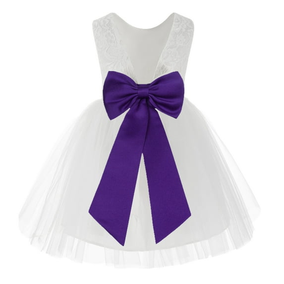 Ekidsbridal Girl Baptism Flower Girl Dress - Knee Length White Lace V-Back Dress with Tiebow 206T-A (Size: S-10)