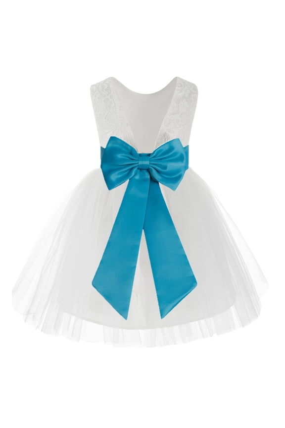 White Backless Lace V-Back Holy Communion Baptism Christening Dress for Flower Girls 206T M