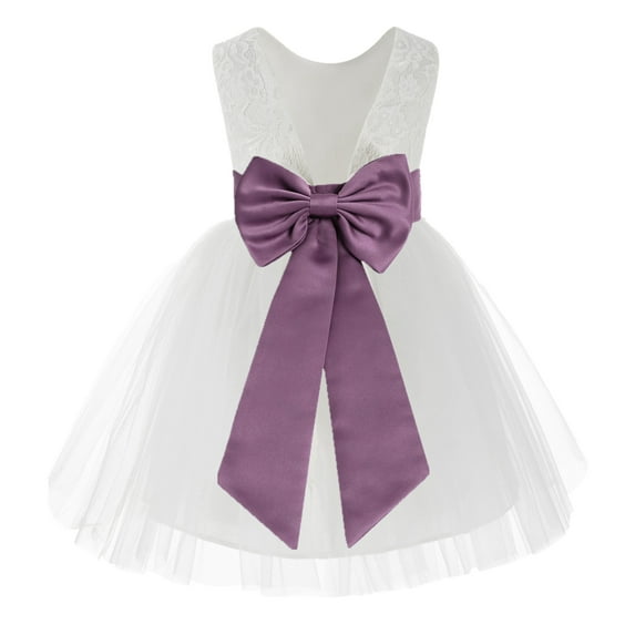 Ekidsbridal Girl Baptism Flower Girl Dress - Knee Length White Lace V-Back Dress with Tiebow 206T-A (Size: S-10)