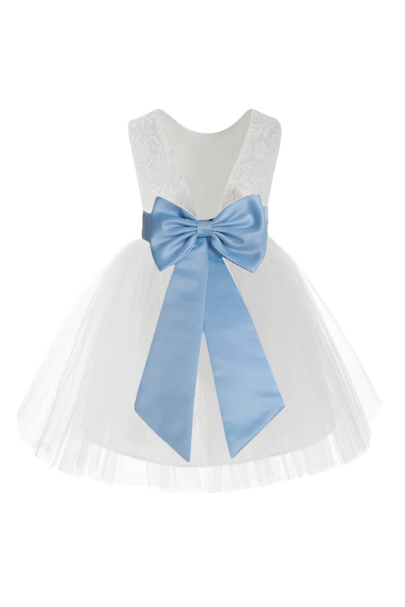 White Backless Lace V-Back Holy Communion Baptism Christening Dress for Flower Girls 206T S