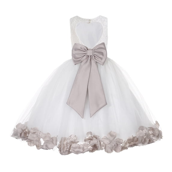 Ekidsbridal White Floral Lace Heart Cutout Flower Girl Dress with Petals Wedding Pageant Recital Communion Baptism Holiday 185T 10