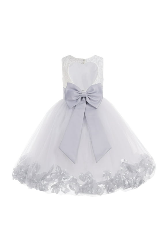White Floral Lace Heart Cutout Flower Girl Dress with Petals Wedding Pageant Recital Communion Baptism Holiday 185T 12