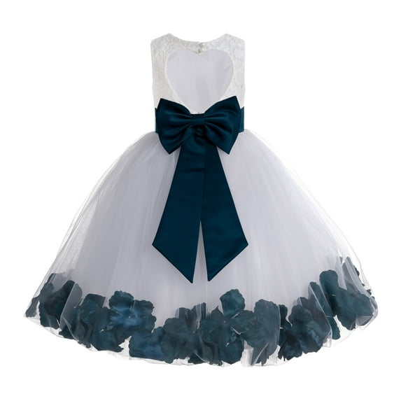Ekidsbridal White Floral Lace Heart Cutout Flower Girl Dress with Petals Wedding Pageant Recital Communion Baptism Holiday 185T 2