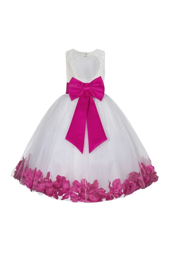 White Floral Lace Heart Cutout Flower Girl Dress with Petals Wedding Pageant Recital Communion Baptism Holiday 185T 2