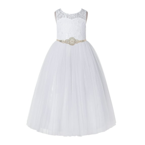 Ekidsbridal White Floral Lace Neck A-Line Keyhole Back Flower Girl Dress Dance Recital 178R7 0
