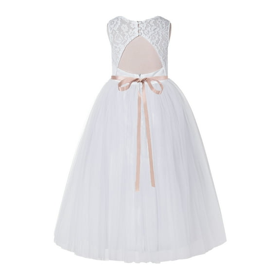 Ekidsbridal White Floral Lace Neck A-Line Keyhole Back Flower Girl Dress Pageant Gown 178R1 10